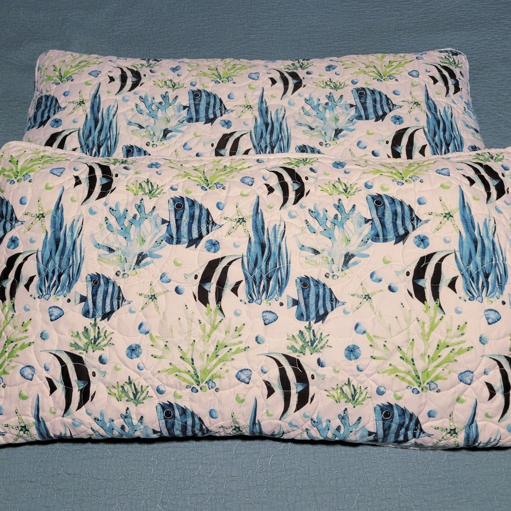 2 Under The Sea King Pillow Shams Covers Ocean Reef Fish Coral Shells Starfish